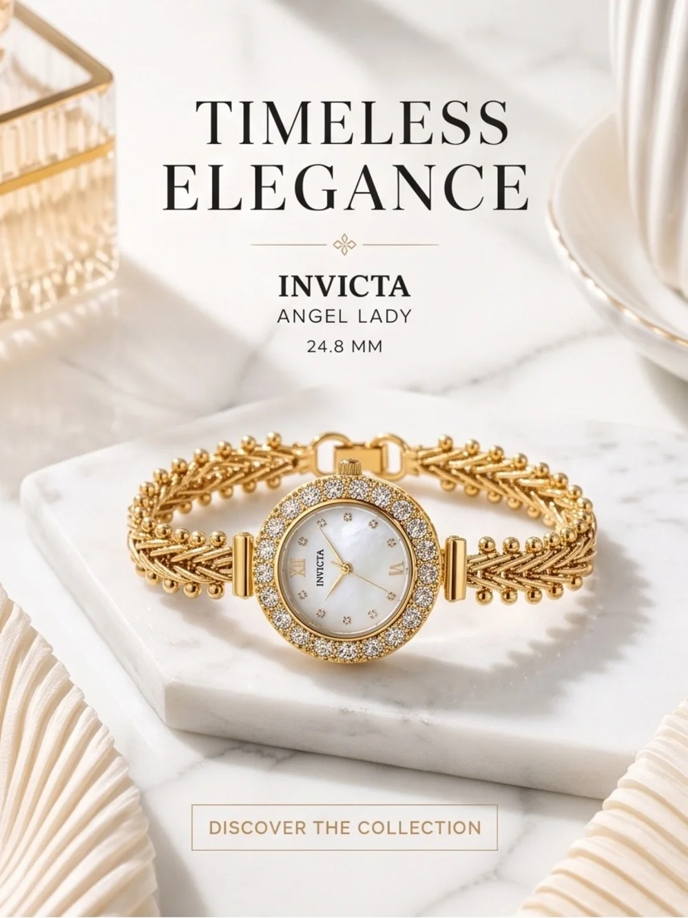 Invicta Angel Lady Gold and White Crystal Accent Watch, with three year warranty